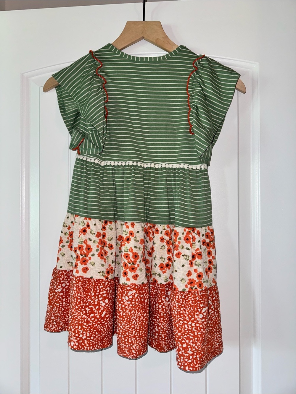 Girls Green Striped & Orange Floral Tiered Dress - Picture 4 of 4